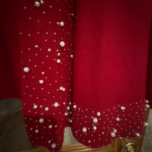 Nu Look Red Cardigan Sweater w/pearls & Crystals around trim sz xl - Picture 5 of 5